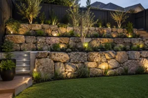 image of tiered Rock Wall landscaping in Melbourne backyard 