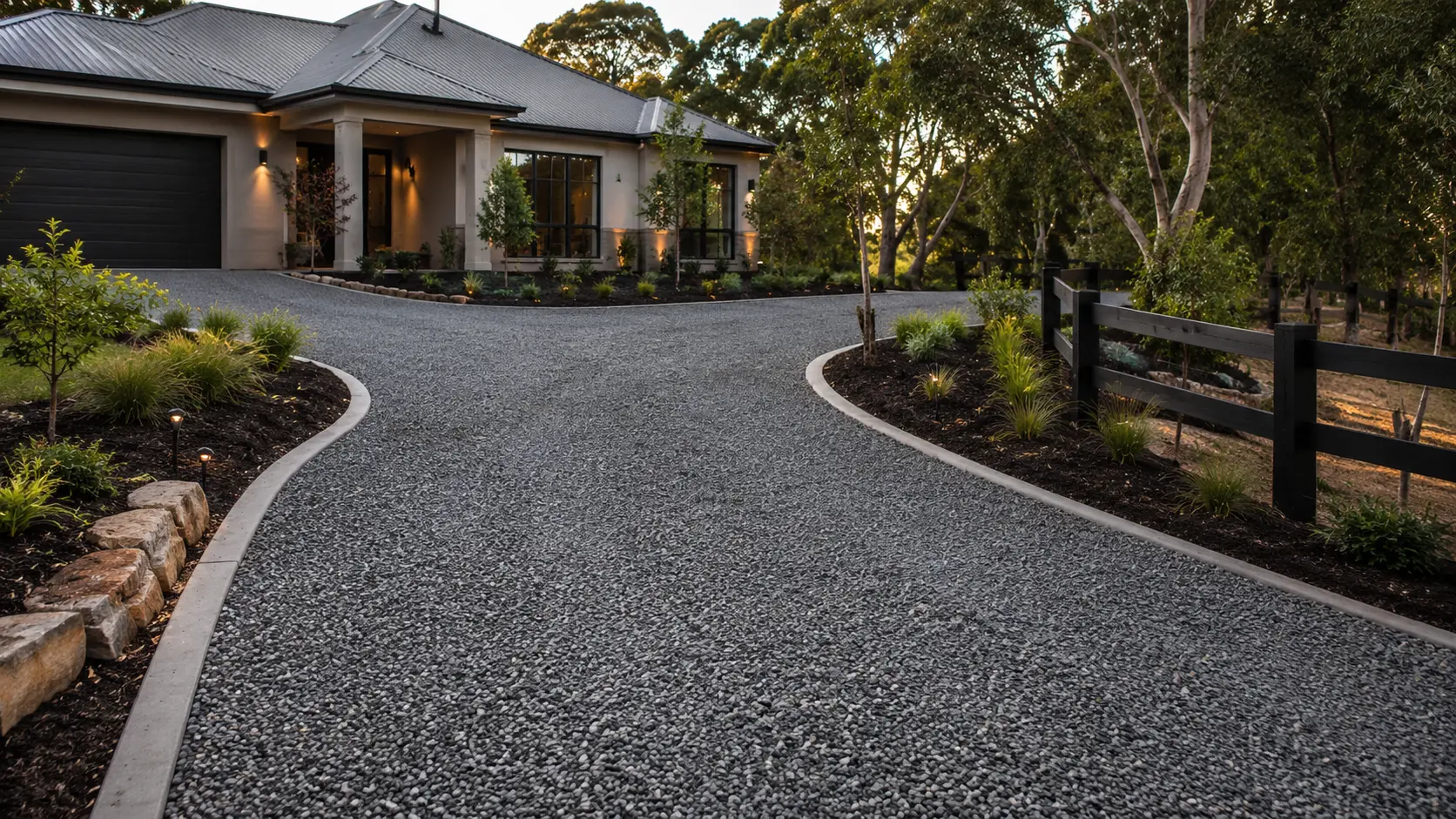 A curved crushed rock driveway leading up to a Melbourne home – note the clean gravel surface and neat edging